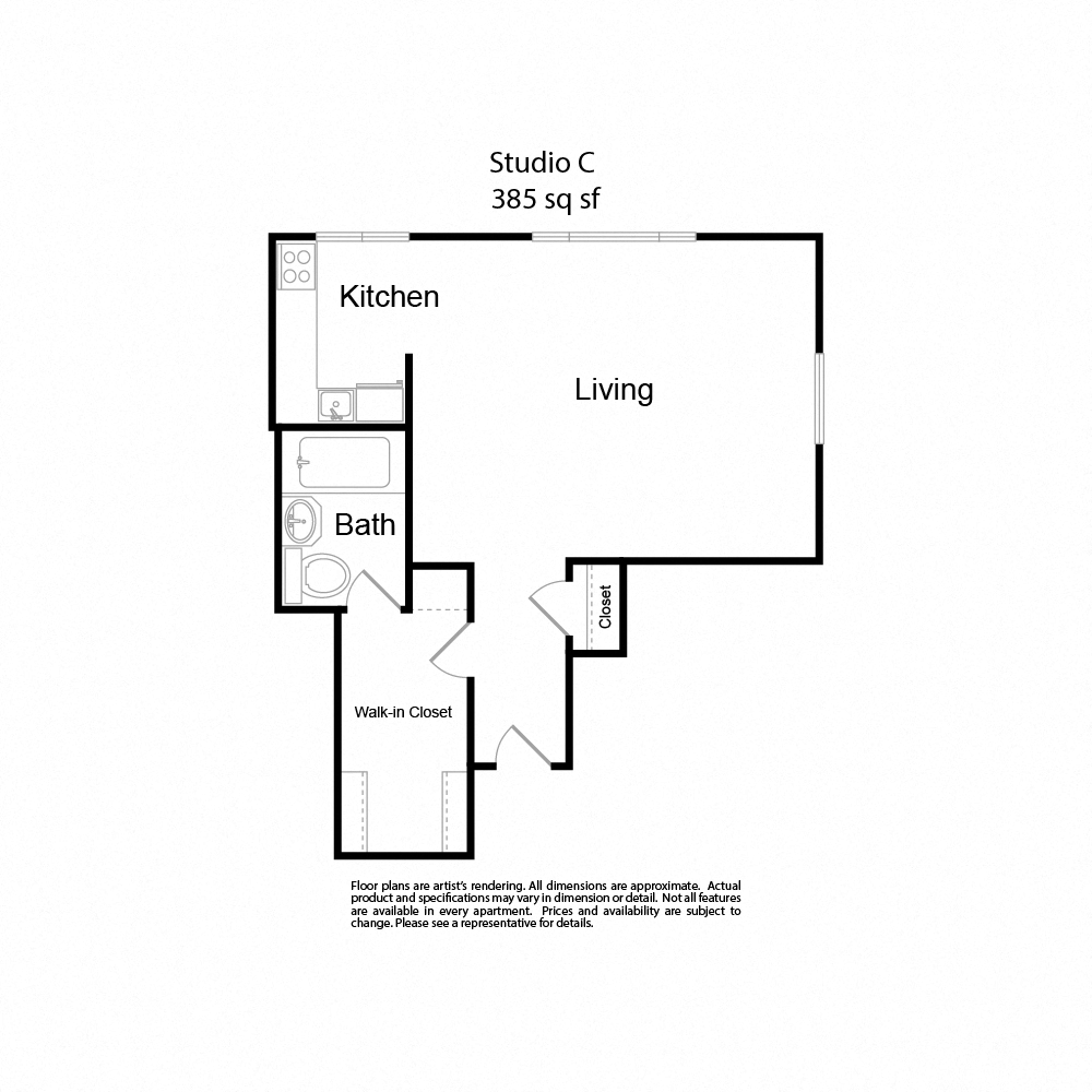 Floor plan for studio, 1 bath, 385 sqft